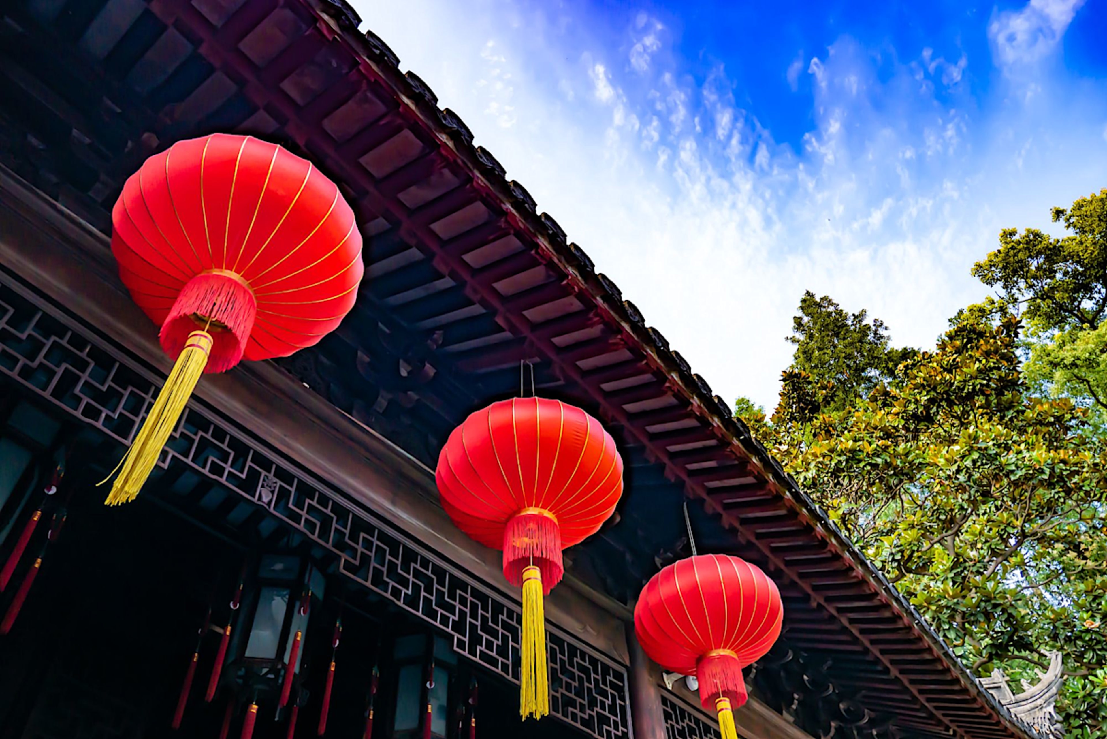 red lanterns hanging from building